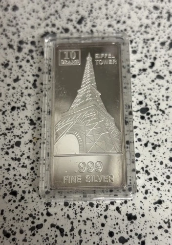 10 Gram .999 Fine Silver Bullion Bar with Eiffel Tower in Capsule