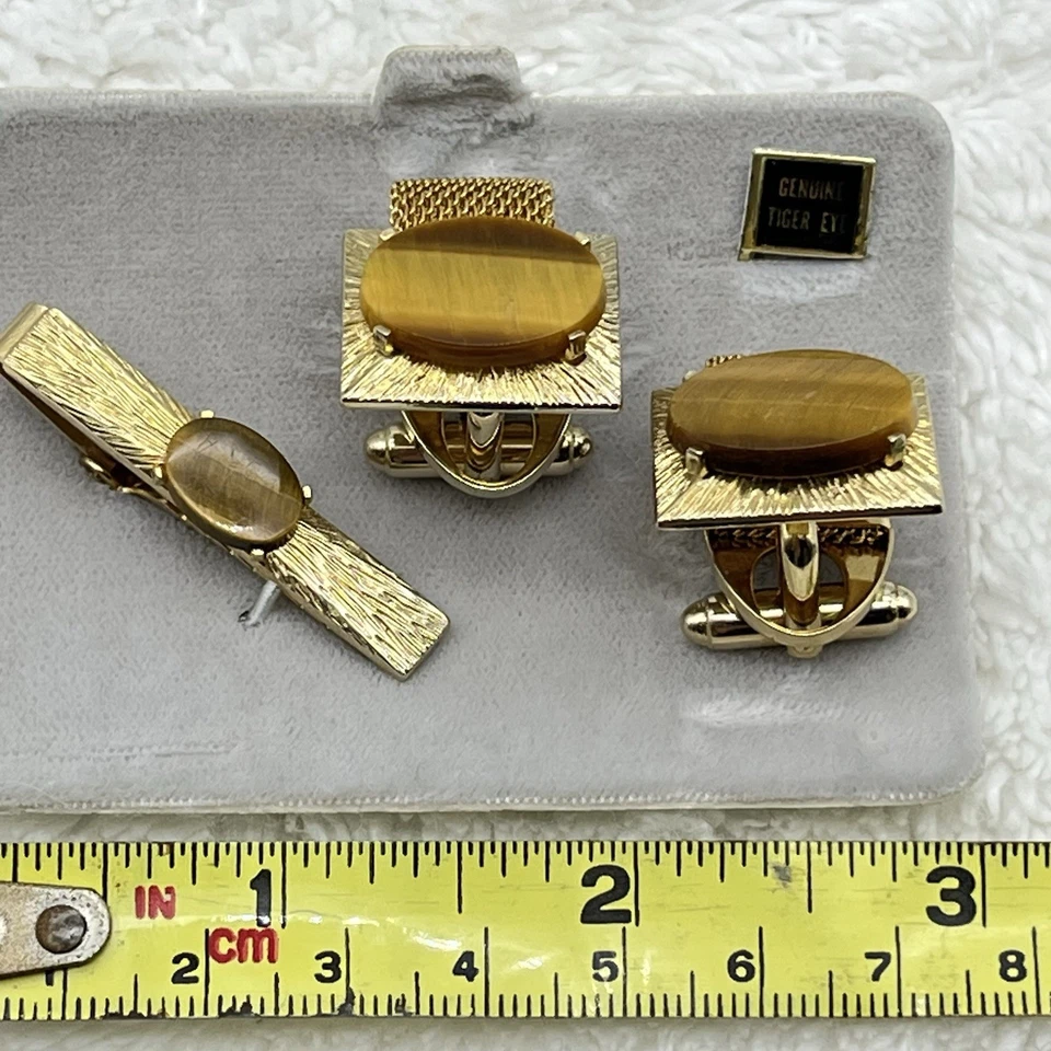 复古老虎眼袖扣和领带套装金色网眼布 — 第 4/4 张图片