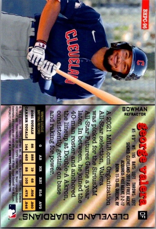 2022 Bowman Heritage Chrome Prospects Refractor #/199 George Valera - Image 2 of 2