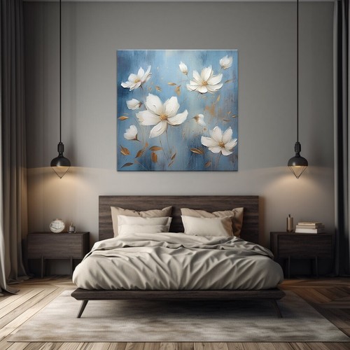 Bellissimo dipinto ad olio fiori bianchi blu pastello stile stampa su tela arte - Foto 8 di 10