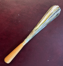 Vintage Marbled Plastic With Wood Handle Shoehorn