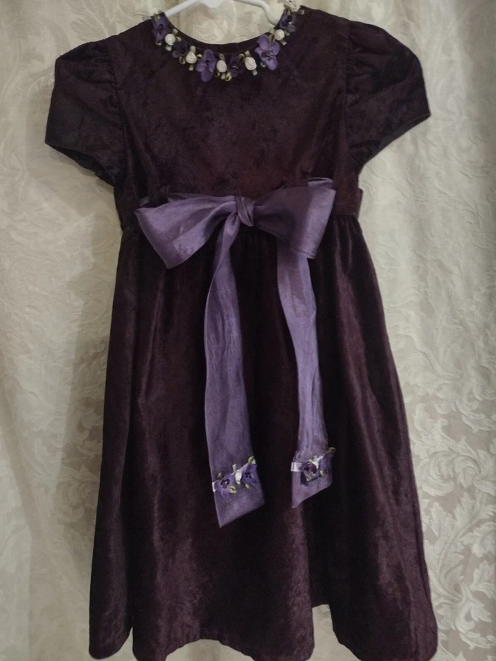 Crushed Velvet Christmas Dress Plum Purple Organza Bow Girl's Size 5 Bonnie Jean - Image 4 of 4