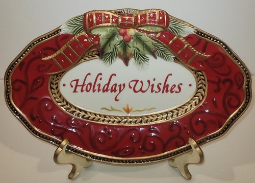 FITZ & FLOYD 'Holiday Wishes' Servizio Piatto Artigianale Cina Snack Vassoio Ovale - Foto 13 di 13