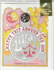 Libra Greeting Card with  22 Karet Gilt Gold Magnetic Lapel Pin New