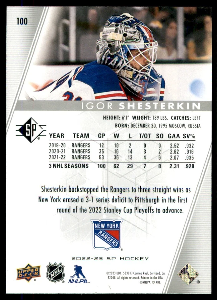 2022-23 SP Hockey Igor Shesterkin #100 - Image 2 of 2