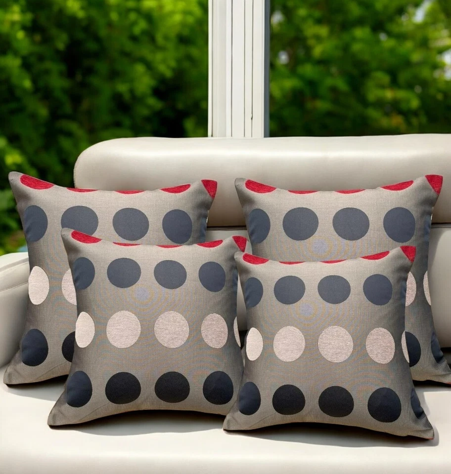 Set of 4 Polka Dots Cushion Covers Brown, Red, Beige 18x18"/45x45cm Zipped Soft - Image 4 of 4