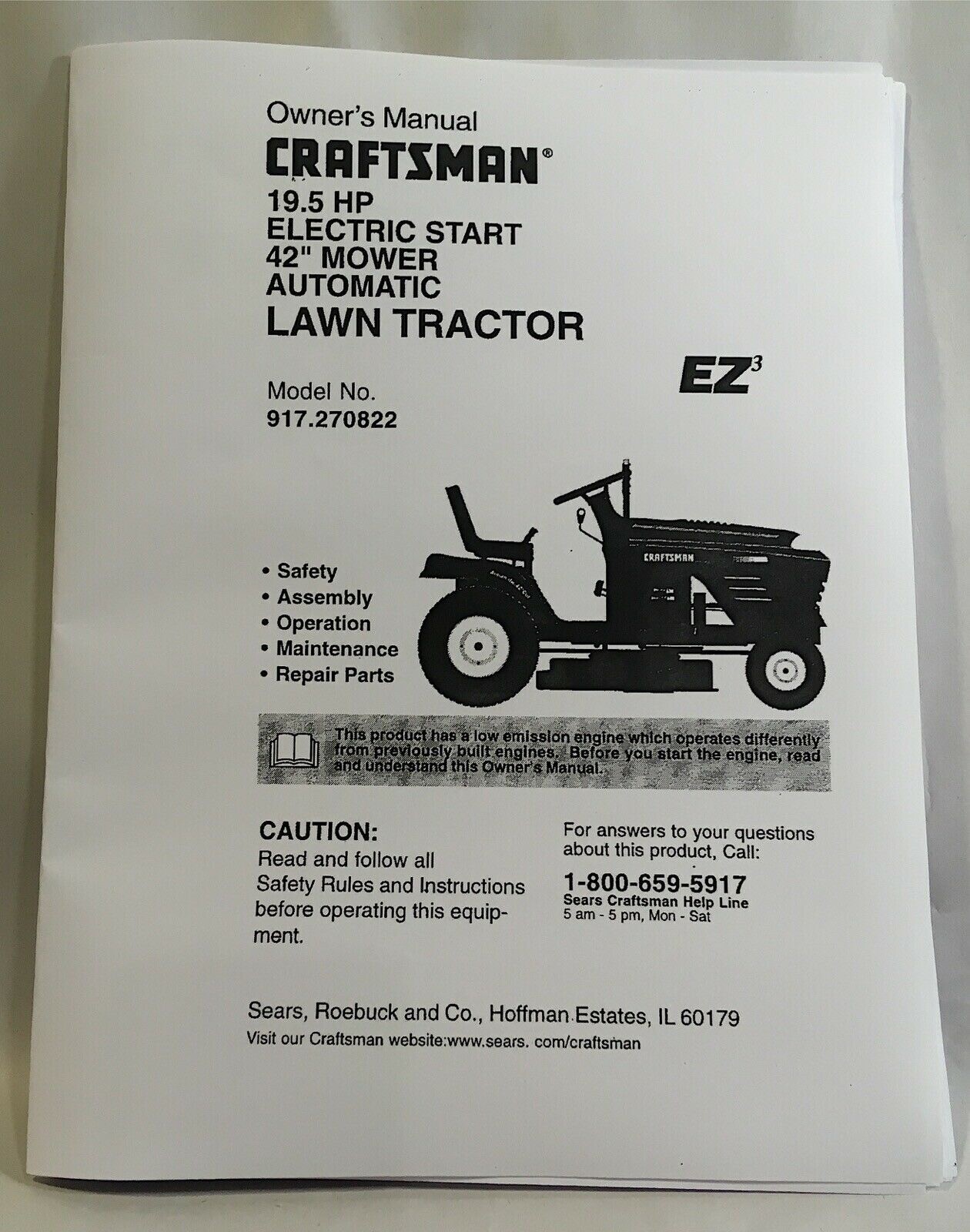 Owner’s Manual Craftsman 19.5 HP Auto Transmission Lawn Tractor Model ...