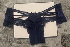 NWOT VICTORIA'S SECRET S NAVY BLUE SATIN SMOOTH STRAPPY LACE RARE CHEEKY PANTIES