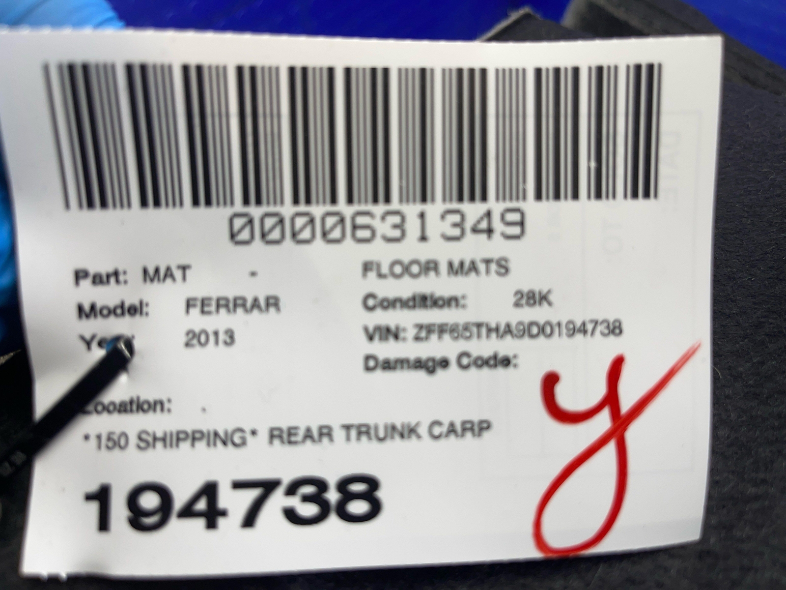 2008-2014 FERRARI CALIFORNIA REAR TRUNK CARPET BLACK CARPET OEM