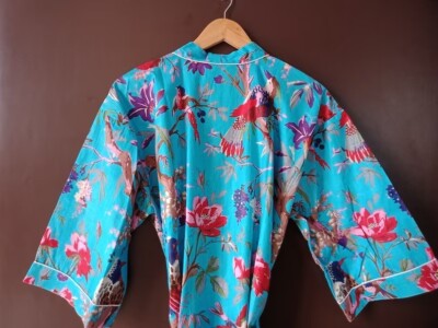 Long Kimono Peignoir Femme, Coton Turquoise Imprimé Oiseaux, Fait Main Inde, Taille Unique