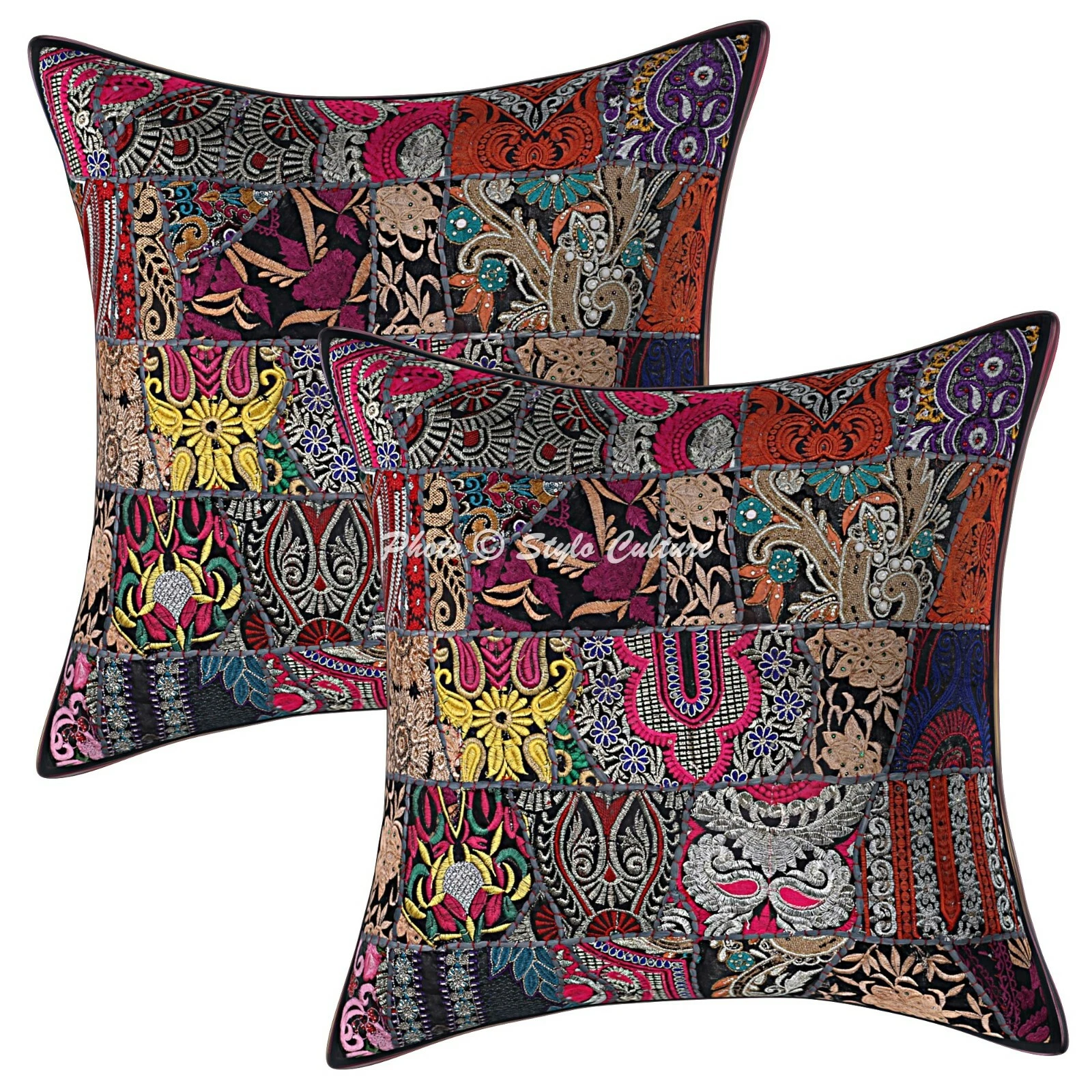 Boho Cushion Covers Black 60x60 cm Patchwork Cotton 24x24 Abstract Throw Pillows