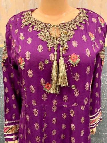 Pakistani Purple long frock Style Embroidered linen dress,Large - Picture 6 of 12