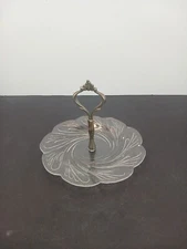 Vintage Indonesia Swoosh & Swirl Glass With Metal Handle Tidbit Tray Candy Dish 