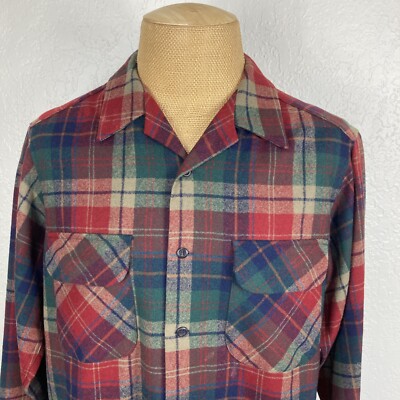 Pendleton Plaid Board Shirt Mens L Red Green 100% Wool Loop Collar Flap Pocket