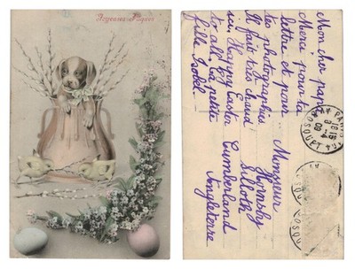 Vintage Postkarte - Französischer Ostergruß Welpe Küken Blumen VERSCHICKT