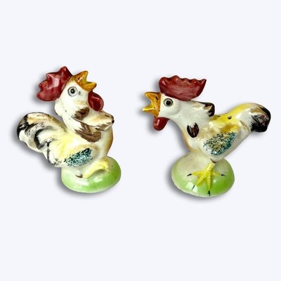 Rooster Salt Pepper Shakers Vtg Ceramic Hand Painted Farmhouse Japan Kitsch MCM