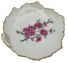 Vintage Leaf Shaped Candy/Trinket Dish Cherry Blossoms & Gold Trim by Grantcrest