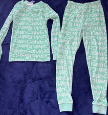 Calvin Klein Girls 2-Piece Logo Pajama Set Green/White Long Sleeve Size 8