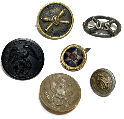 Lot of 6 Vintage U.S.Military Uniform Insignia Pins Buttons WWI / Korean War Era