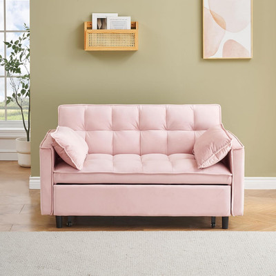 Pink 3-in-1 Convertible Futon Sofa with Reclining Backrest and Pillows
