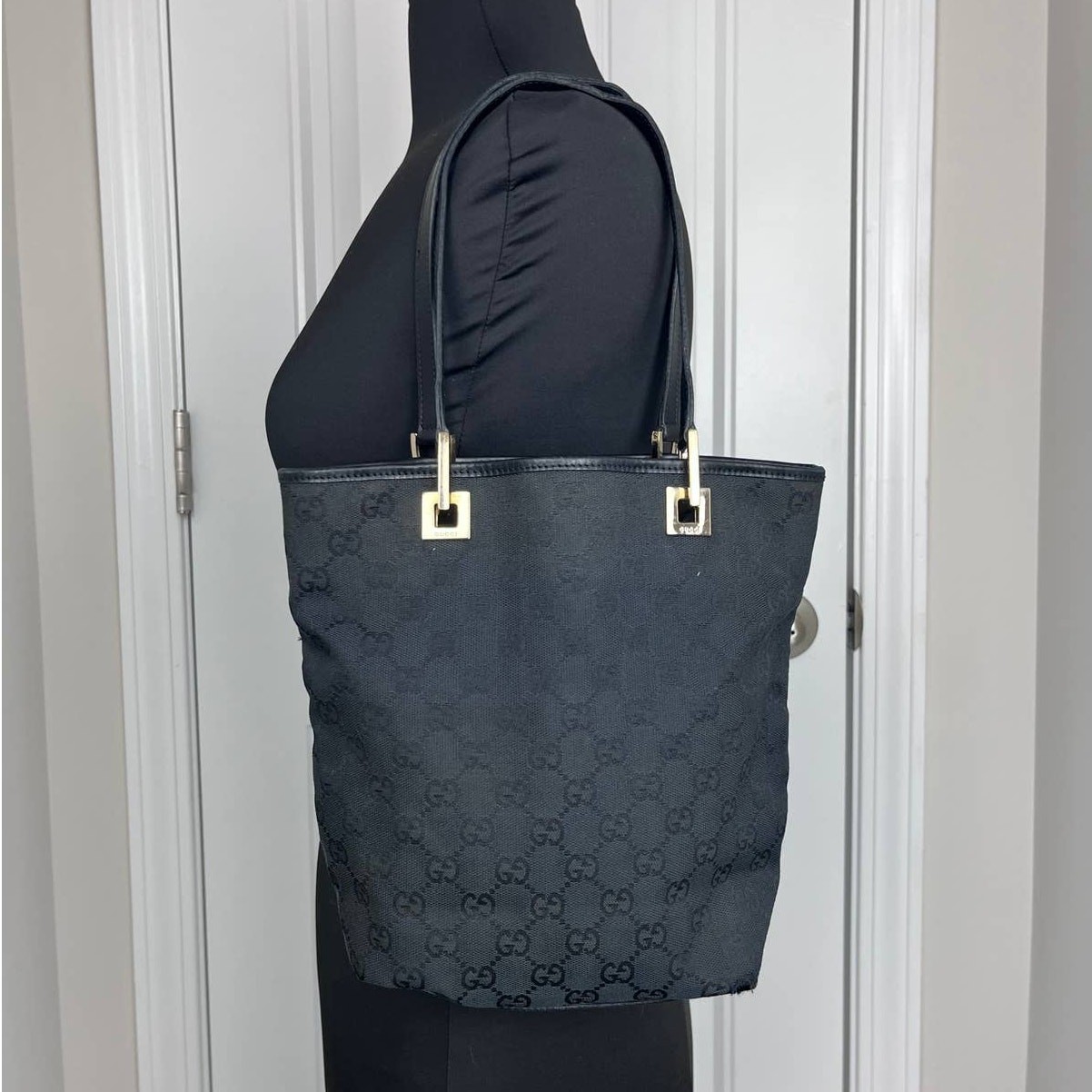 Gucci Medium Black GG Canvas Bucket Tote Bag
