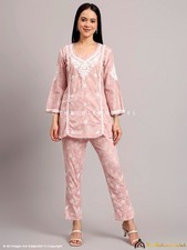 Women Pink Cotton Chikankari Co-ord Set, Hand-Embroidered Lucknowi Chikankari