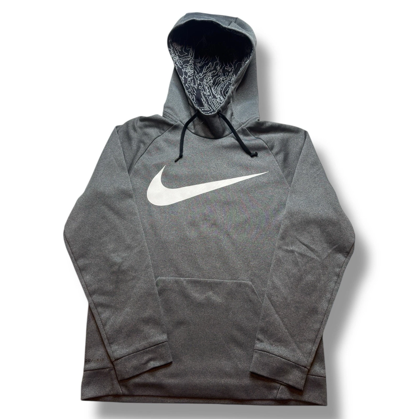 Nike Hoodie Mens M Gray White Sweatshirt Dri Fit Performance Big Swoosh Active