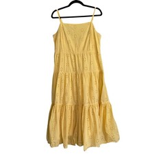 Chaps Yellow Eyelet Tiered Midi Dress Cotton Smocked Back L Large Cottagecore