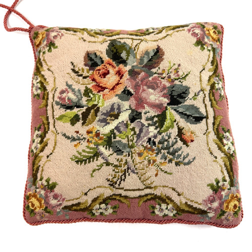 Vintage Petit Point Throw Pillow Floral With Trim Tassles Handmade Pink 12x12in