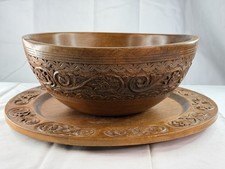 Large Hand Carved Wood Serving Bowl  16" Platter Set - Floral Relief, India