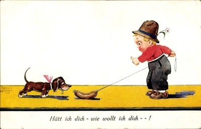 Artist Postcard Wills, John, The Torture of Tantalus, Dachshund, Sausage on... - 4645835