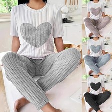 Ladies Summer Pyjamas 2PCS Set Stretch Heart Tops Pants Lounge Wear Nightwear UK