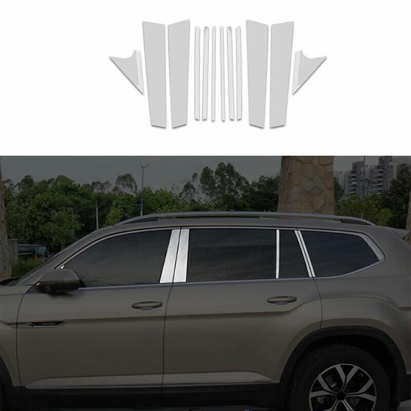 For VW Atlas 18-23 Chrome Steel Side Window Center BC Pillar Cover Trim 10PC