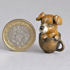Tiny COLD PAINTED BRONZE Miniature JACK RUSSELL Puppy Dog in TEACUP - Signed