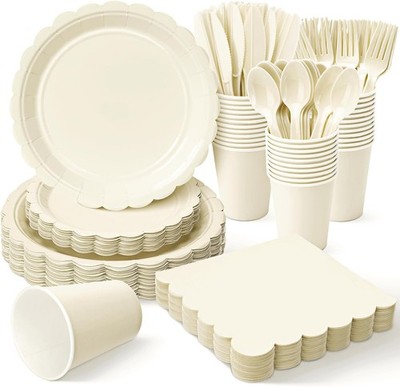 175 Pcs Ivory Disposable Paper Plates & Napkins Set 25 9'' Dinner Plates & 7''