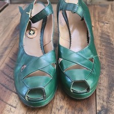Vintage 1940 Red Cross Shoe Green Leather Peep Toe Heels Sling Back Women's