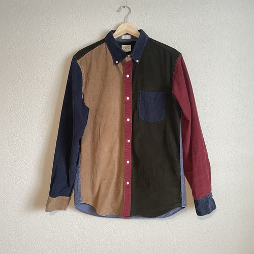 J Crew Shirt Mens Medium Slim Corduroy Colorblock Long Sleeve Blue Tan