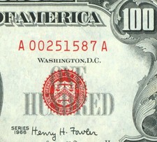 ((SIX DIGIT)) $100 1966 United States Note ((RED SEAL)) PAPER CURRENCY