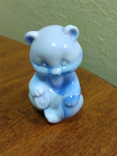 Vintage Fenton Blue White Swirl Slag Glass Sitting Bear Figurine Handmade USA