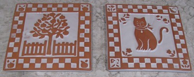 Pair of Tile Trivets, Cat & Tree, Terracotta & White Check, Hot Plates,6.25x6.25