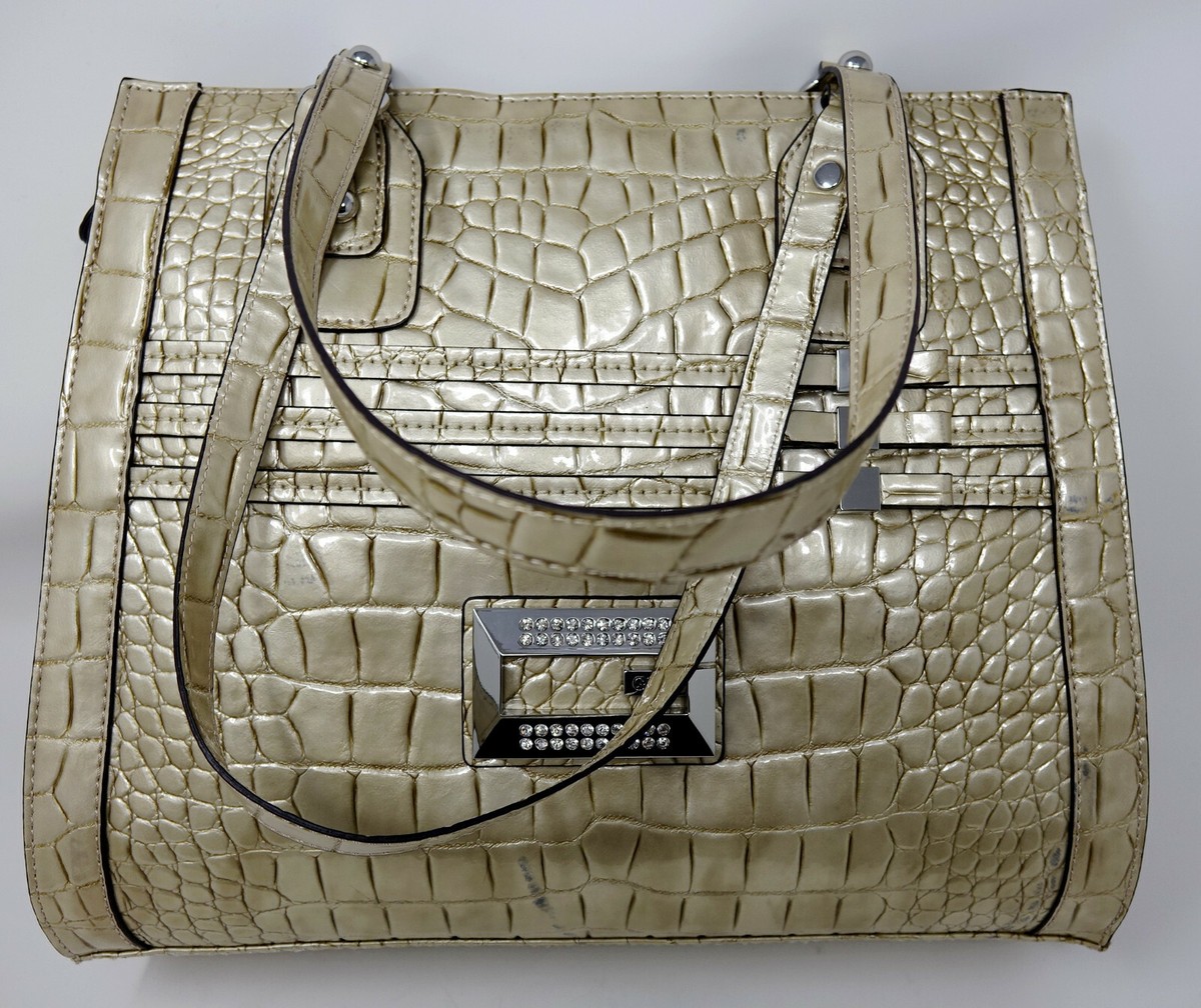 NEW (flaw) GUESS Y2K Women's Beige Croc Embossed Large Tote Bag