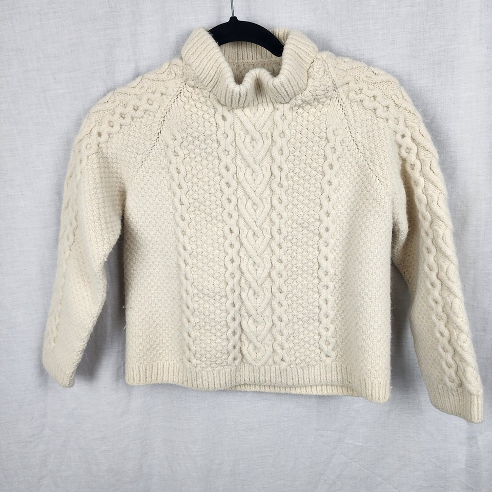 VTG 80s Cropped Cable Knit Sweater 16" Bust Ivory High Neck