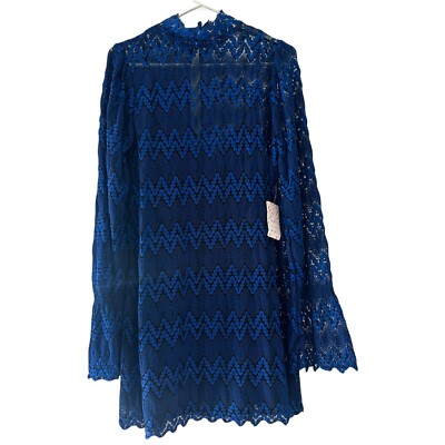 Free People Simone Crochet Lace Bell Sleeve Mini Shift Dress Blue Medium  NWT | eBay