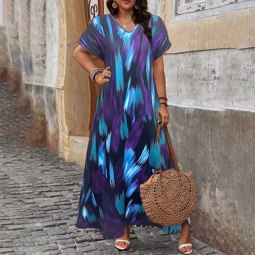 Plus Size 28 Womens Striped Maxi Dress Ladies Summer Beach Holiday Split Kaftan - Picture 4 of 23