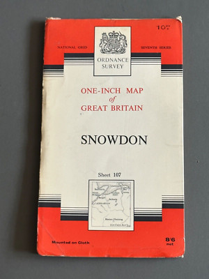 OS Ordnance Survey One Inch Cloth Map, of Snowdon, Sheet 107, 1962