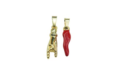 Italian Charms Mano Cornuto & Cornicello, Gold Hand Red Horn Le Corno Protection
