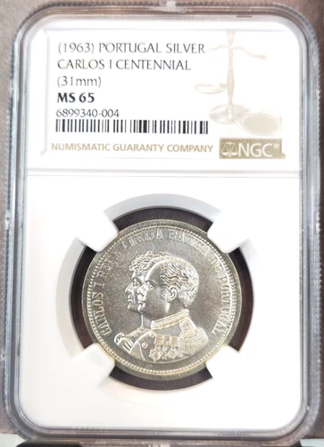 1963 PORTUGAL SILVER CARLOS I CENTENNIAL 31MM NGC MS 65 EXTREMELY RARE TOP POP 1