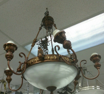 6-Light Antique Bronze Pendant with White albaster Frosted Glass Shade,,(lobby )