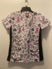 women's Divine Scrubs top by JDM size S short sleeve pockets V-neck stretch CATS