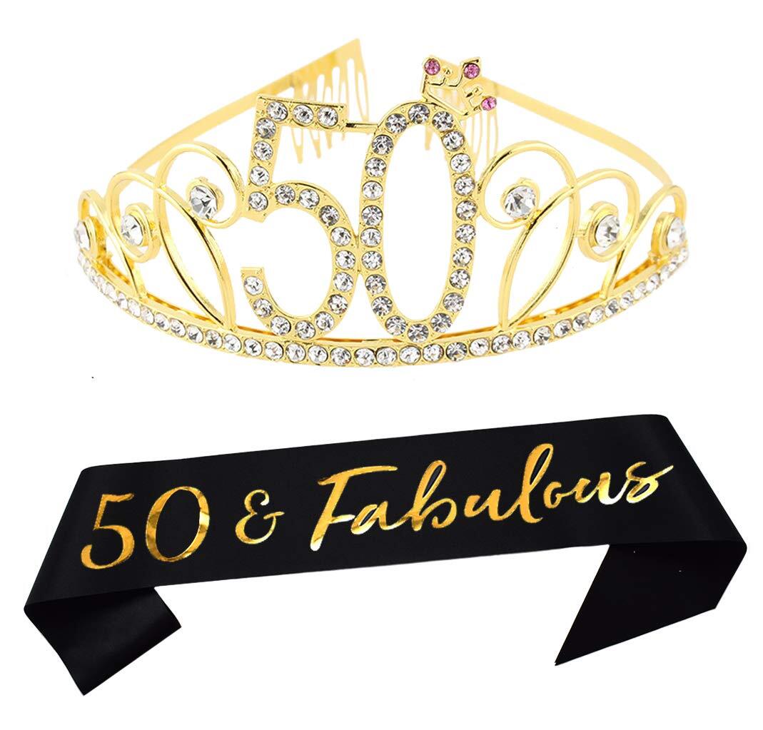 50th Birthday Tiara and Sash - '50 Fabulous' Black Glitter Satin Sash & Cryst...